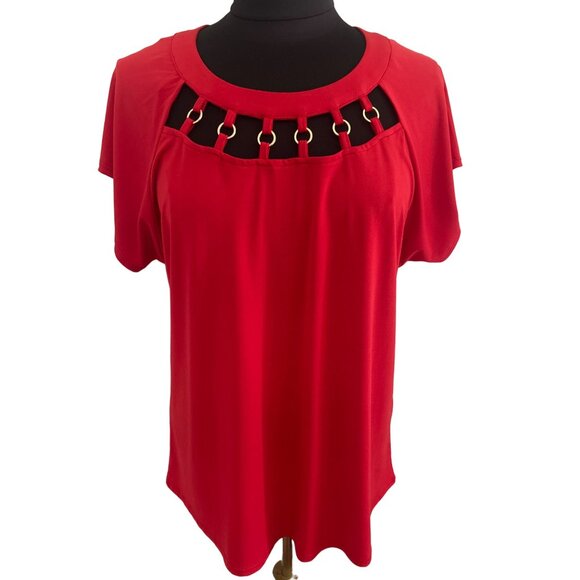 Cure Tops - Cure Womens Red Top with Silver Ring Accents Short Sleeves, Size Medium